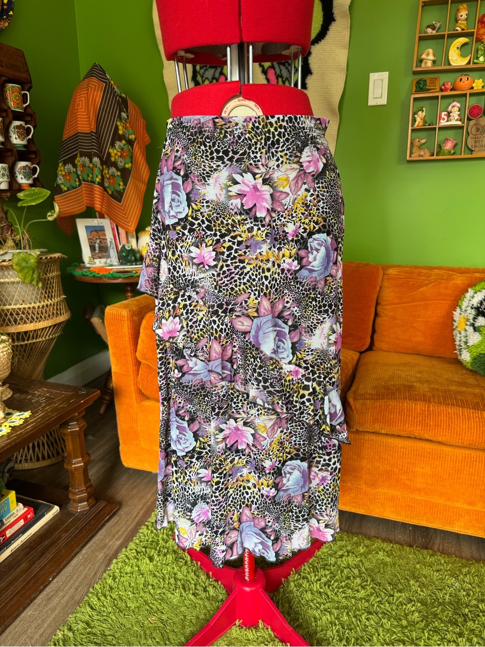 Floral Leopard-Print Midi Skirt — Black with Pink & Lavender Accents